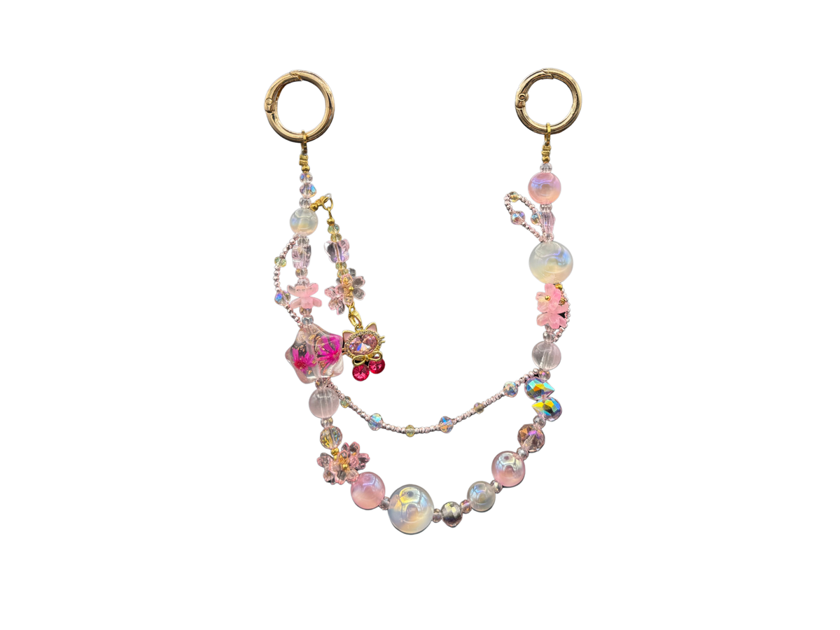 Bracelet Chérie Bloomeliya rose bonbon et perles irisées, complet ouvert, rangées détachables