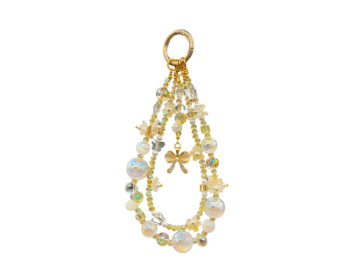 Bracelet Fleur de lait Bloomeliya ivoire, perles nacrées et nœud doré, complet, toutes les rangées attachées